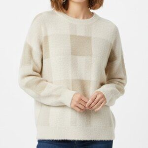 FRNCH Tan Checkered Fuzzy Knit Crewneck Sweater - Neutral Boho Size Small EUC